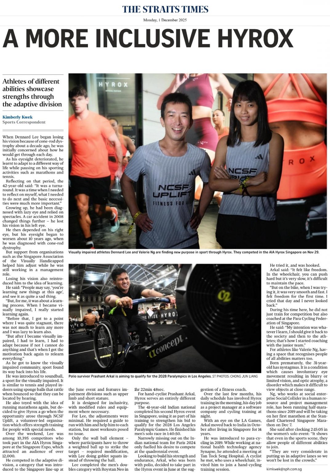 Article features PCFS athlete Prashant Arkal and his participation at the Hyrox event in Singapore.