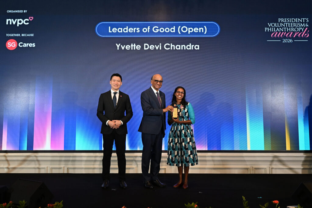 PCFS President President Yvette Devi Chandra with Min David Neo & Singapore President Tharman Shanmugaratnam at the PVPA 2026 Award Ceremony